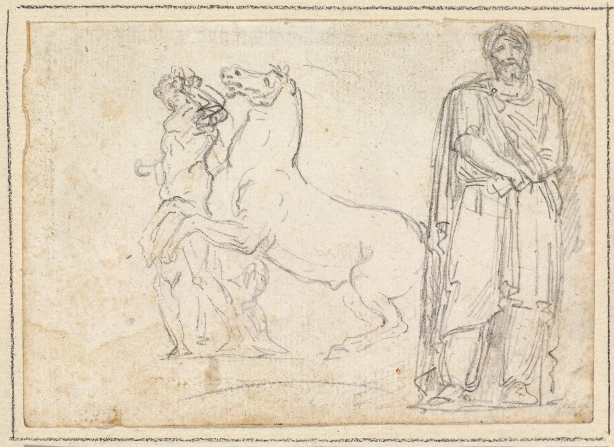 One of the "Dioscuri" and a Barbarian Prisoner, by Hubert Robert, chalk, 1760