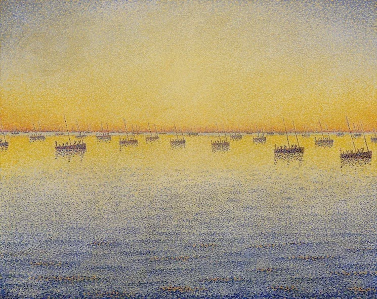 Setting Sun, Sardine Fishing, Concarneau, by Paul Signac, oil, 1896