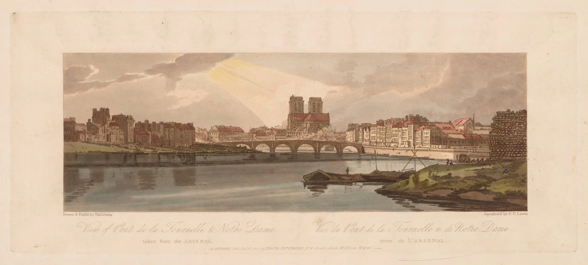 A Selection of Twenty of the Most Picturesque Views in Paris: View of the Pont de la Tournelle & Notre Dame Taken from the Arsenal, by Girtin, 1802