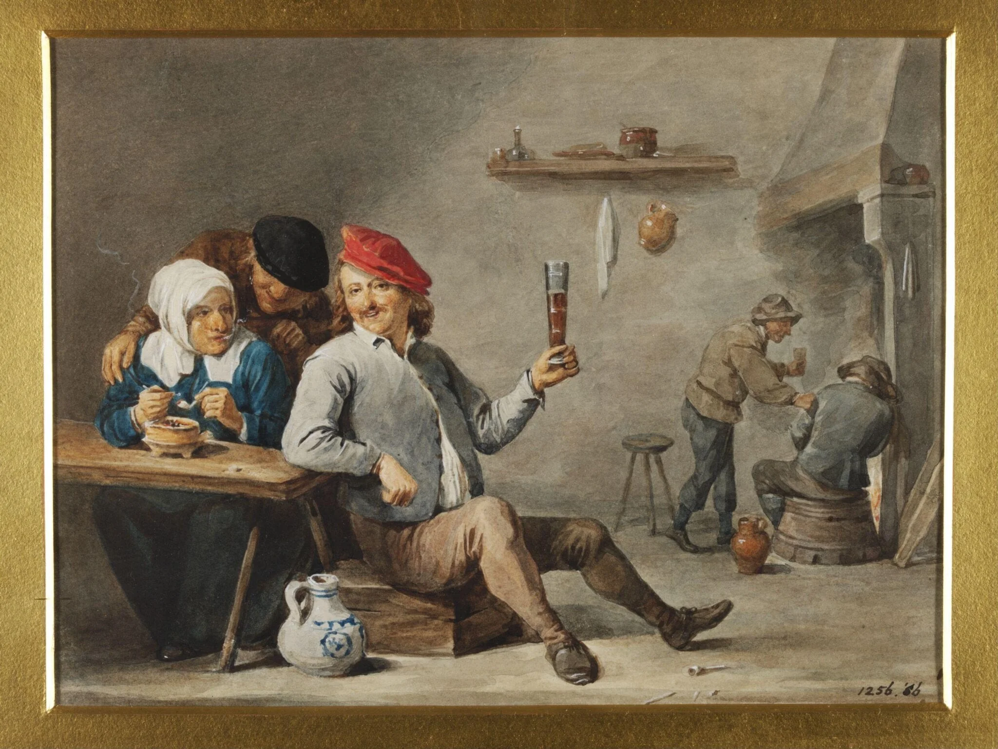 An Interior with a Man Holding Up a Glass and an Old Woman Lighting a Pipe, by David Teniers the Younger, watercolor, 1850