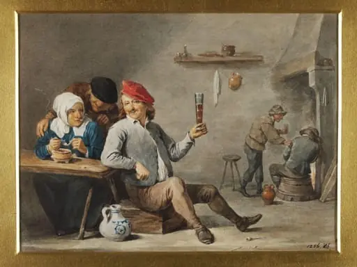 An Interior with a Man Holding Up a Glass and an Old Woman Lighting a Pipe