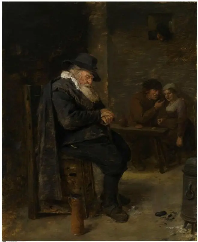 Interior of an inn with an old man asleep and an amorous couple