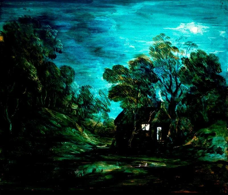 Wooded Moonlight Landscape with a Pool and a Figure at the Door of a Cottage, by Thomas Gainsborough, unspecified, 1791