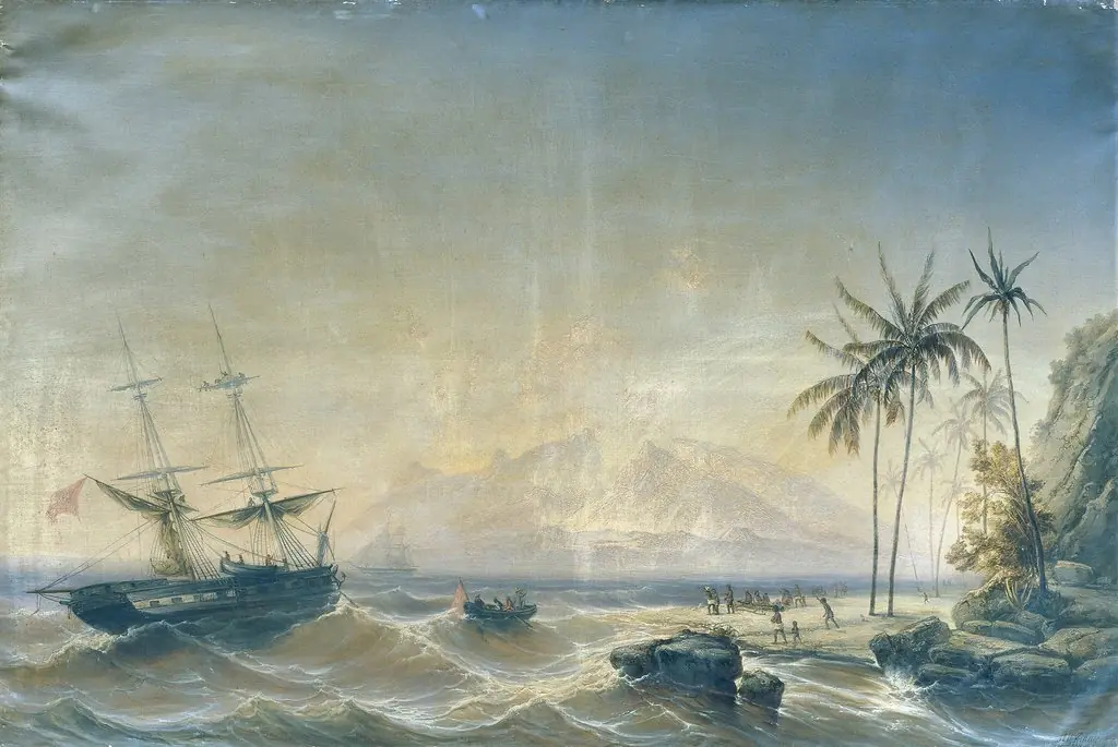 Kriegsschiff vor den Südseeinseln