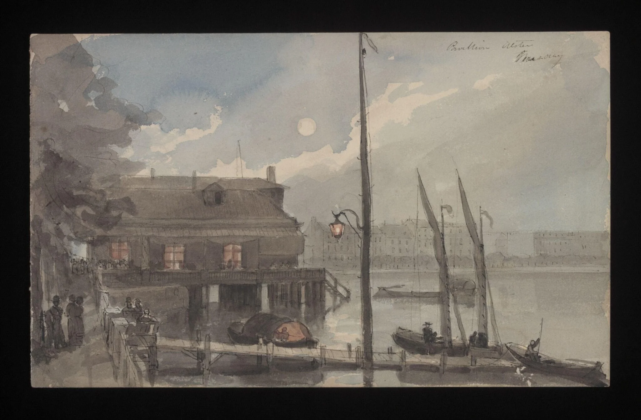 Watercolour drawing by the Grieve family, probably by Thomas Grieve, showing a pavillion beside a river