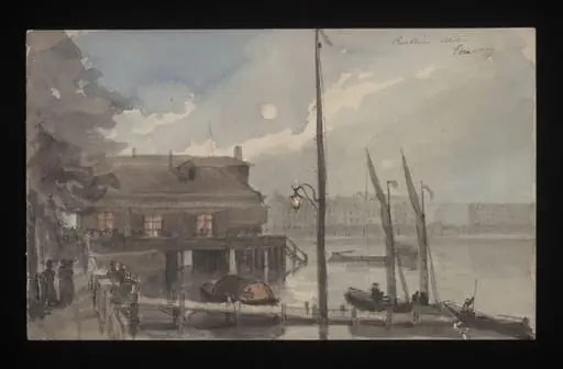 Watercolour drawing by the Grieve family, probably by Thomas Grieve, showing a pavillion beside a river