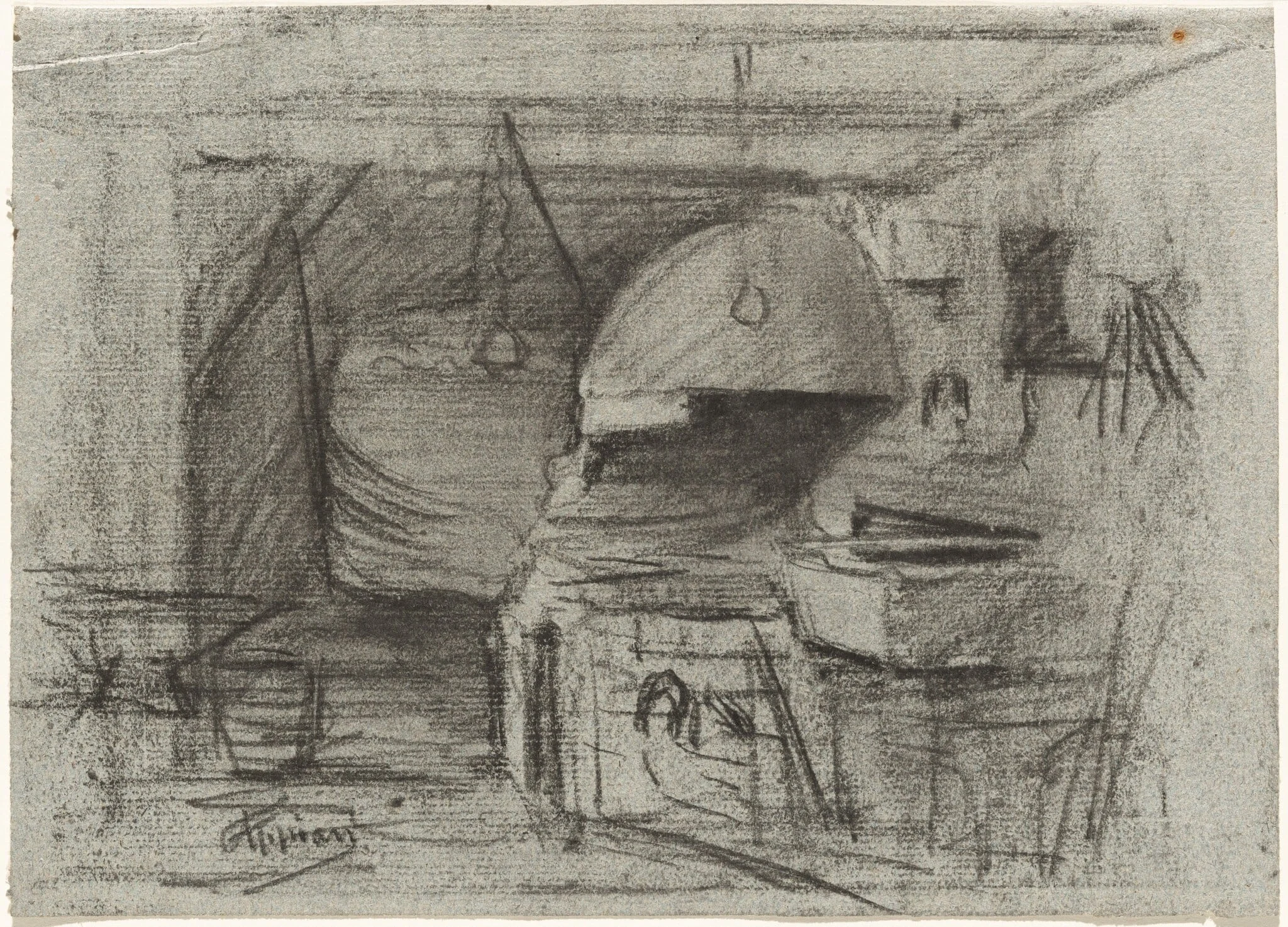 Interior of a Forge (recto) / Yard with a Pigsty (verso), by Adolphe Appian, charcoal, 1864