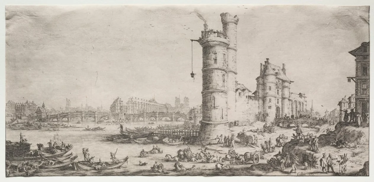 Les deux grandes vues de Paris:  Vue du Pont Neuf, by Jacques Callot, 1629