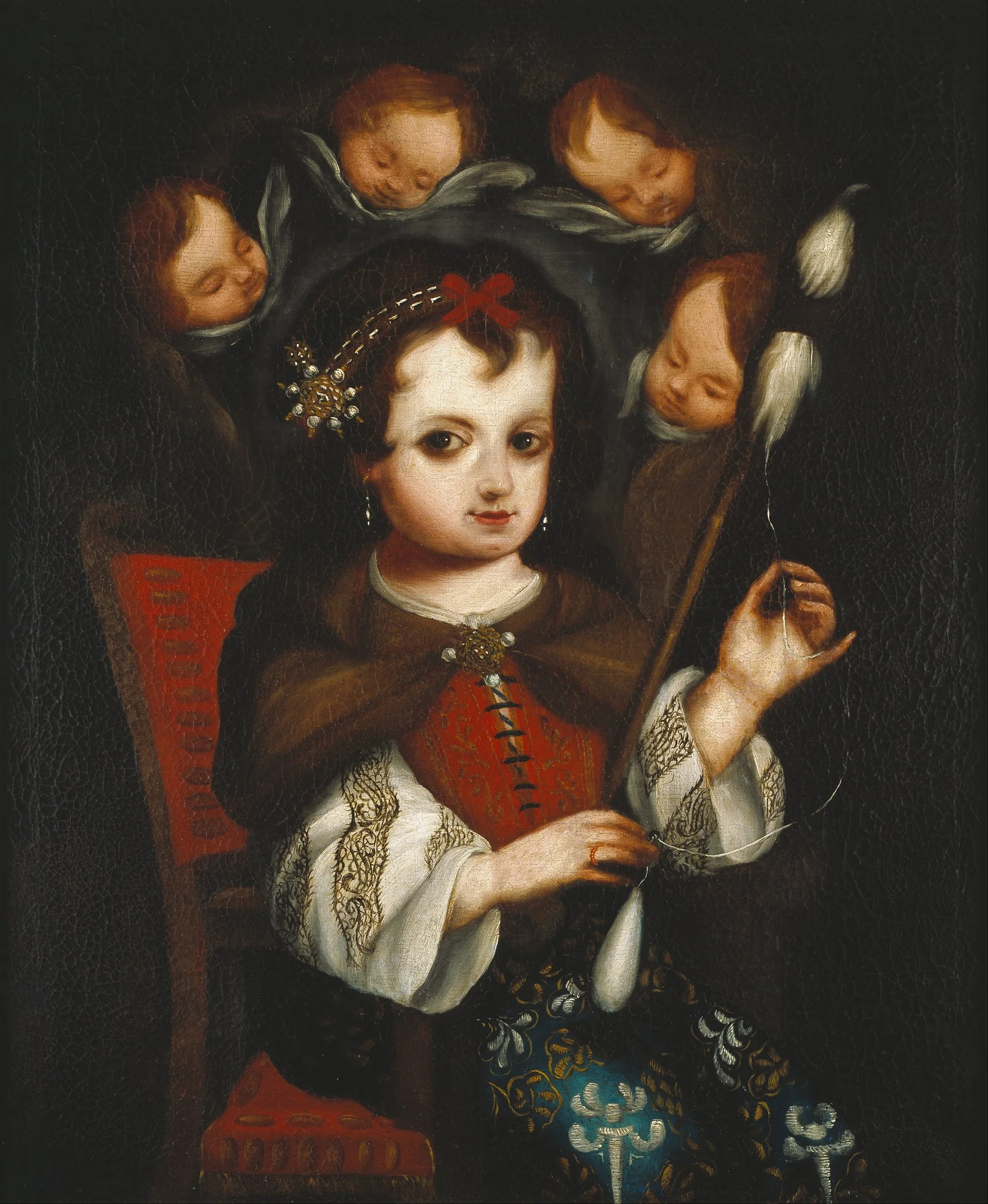 Virgin Mary Spinning, by Unknown, oil, 1700