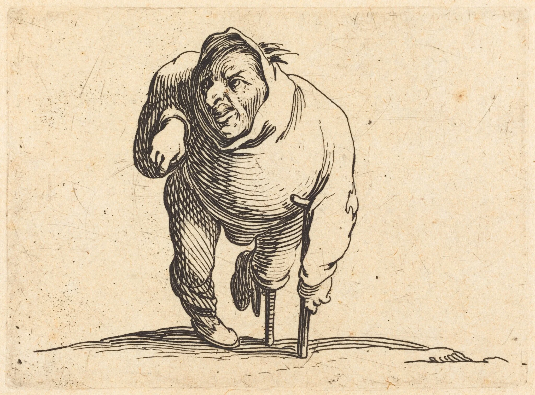 Cripple with Crutch and Wooden Leg, by Jacques Callot, ink, 1622