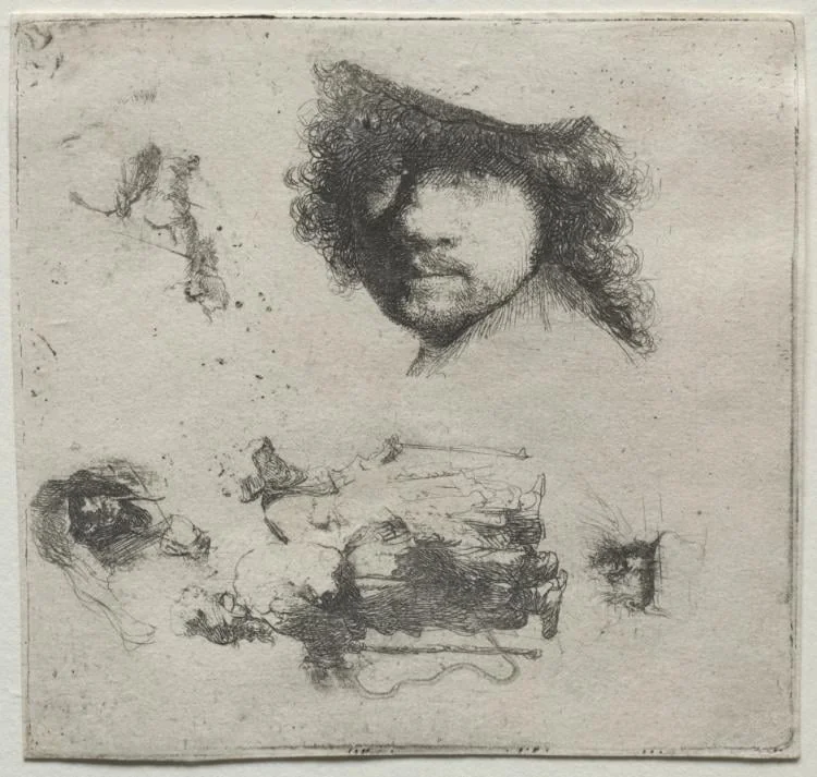 Sheet of Studies:  Self-Portrait, a Beggar Couple, etc., by Rembrandt, 1632