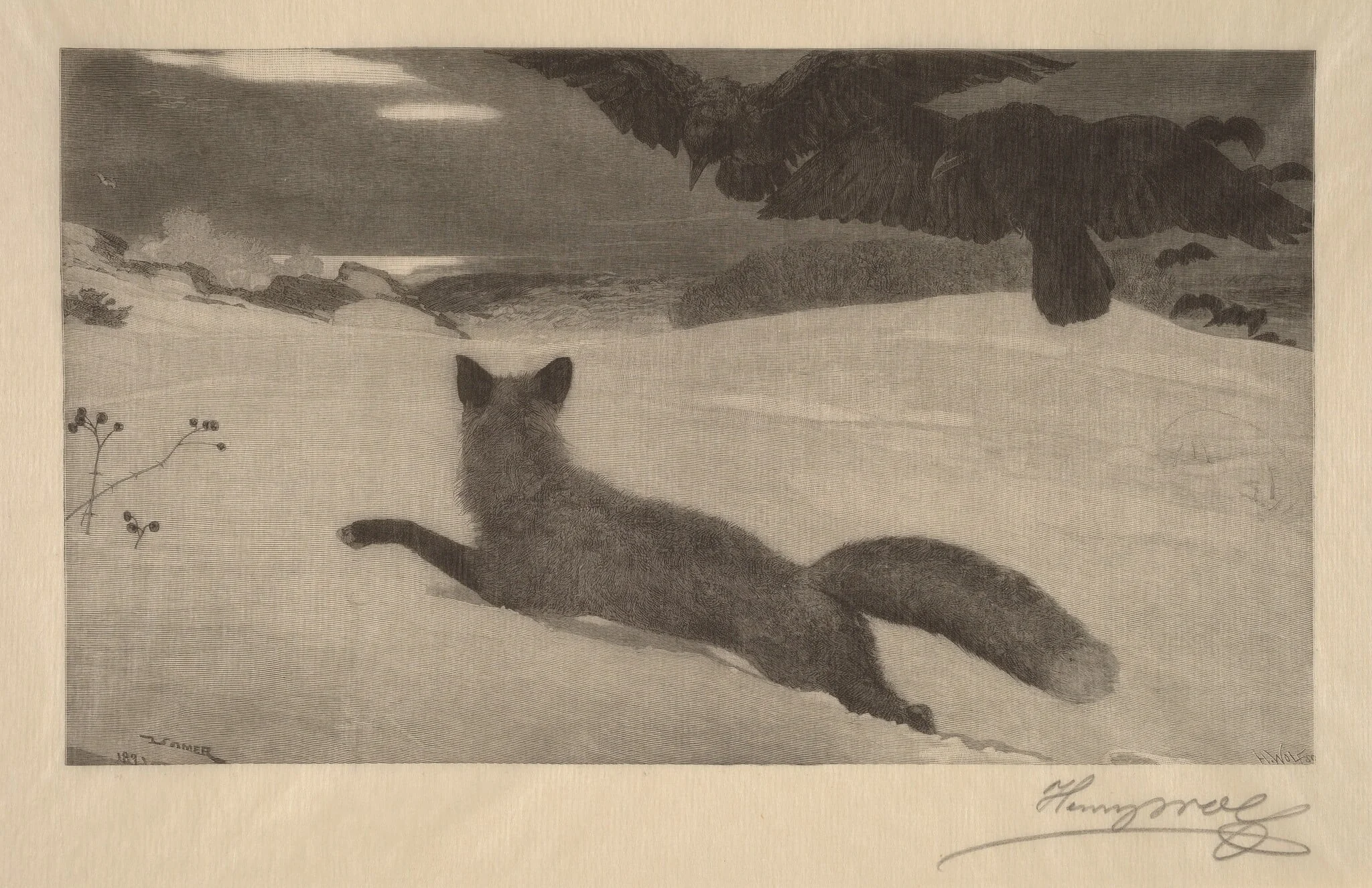 Winter, the Fox Hunt, by Henry Wolf, ink, 1893