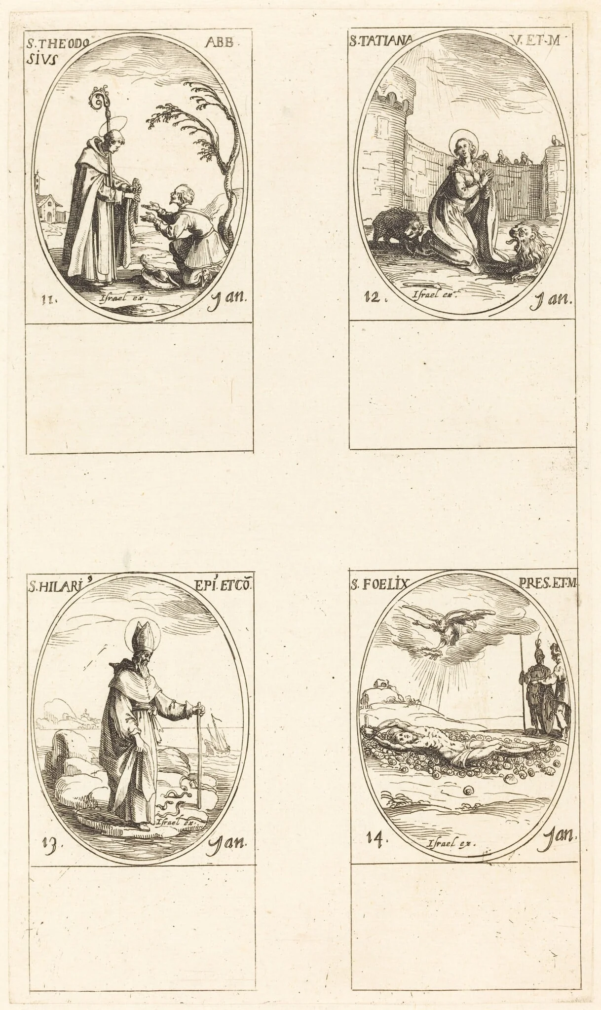 St. Theodosius; St. Tatiana; St. Hilary; St. Felix, by Jacques Callot, ink, 1634