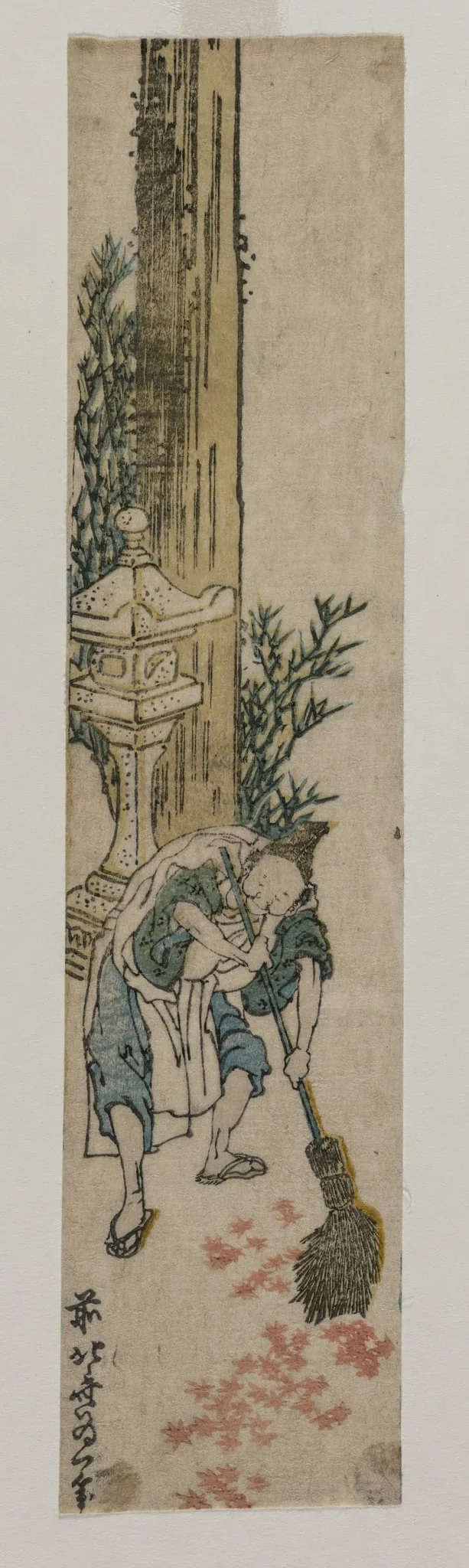 Shrine Attendant Raking Maple Leaves, by Katsushika Hokusai, 1834