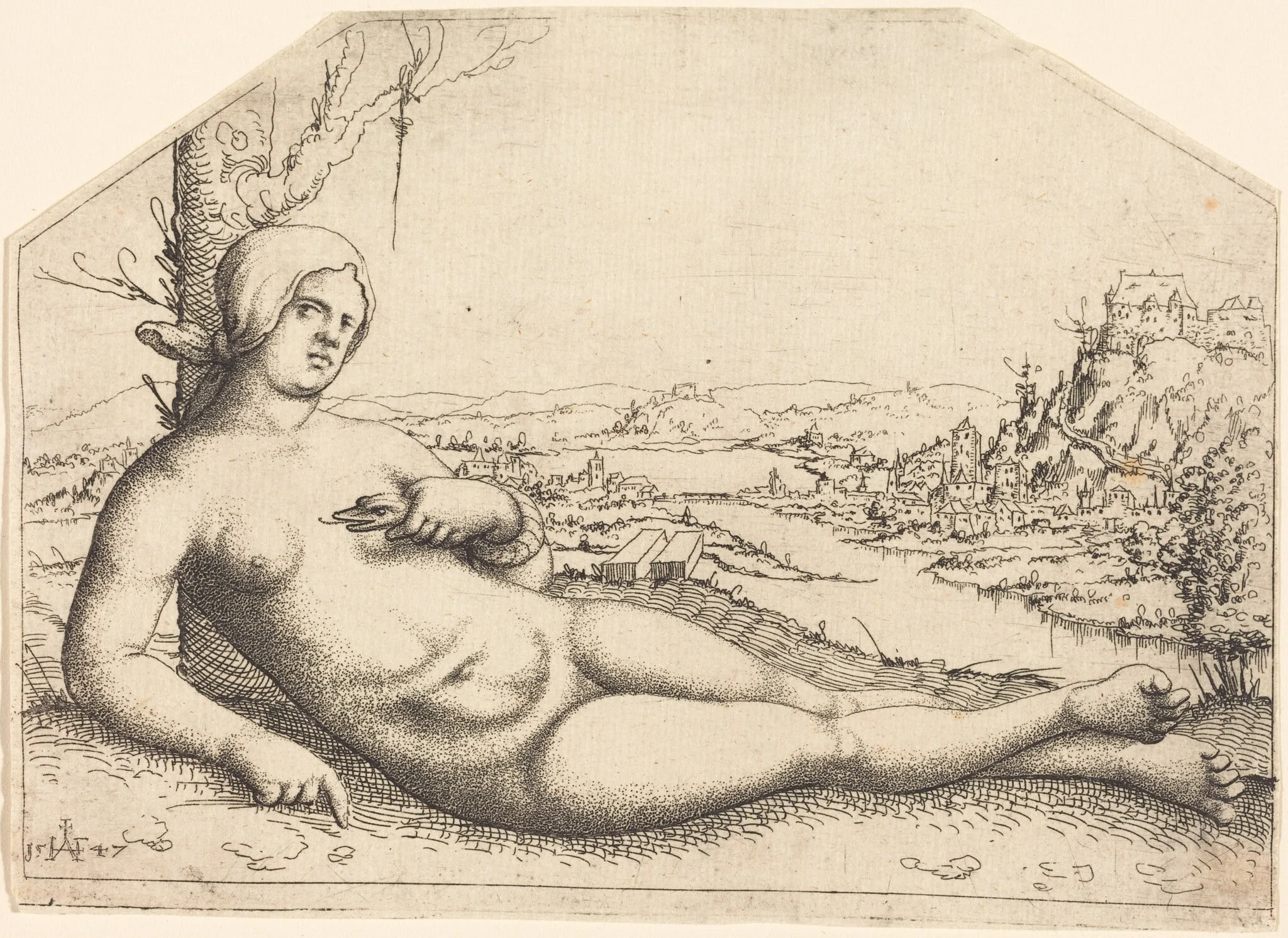 Death of Cleopatra, by Augustin Hirschvogel, ink, 1547
