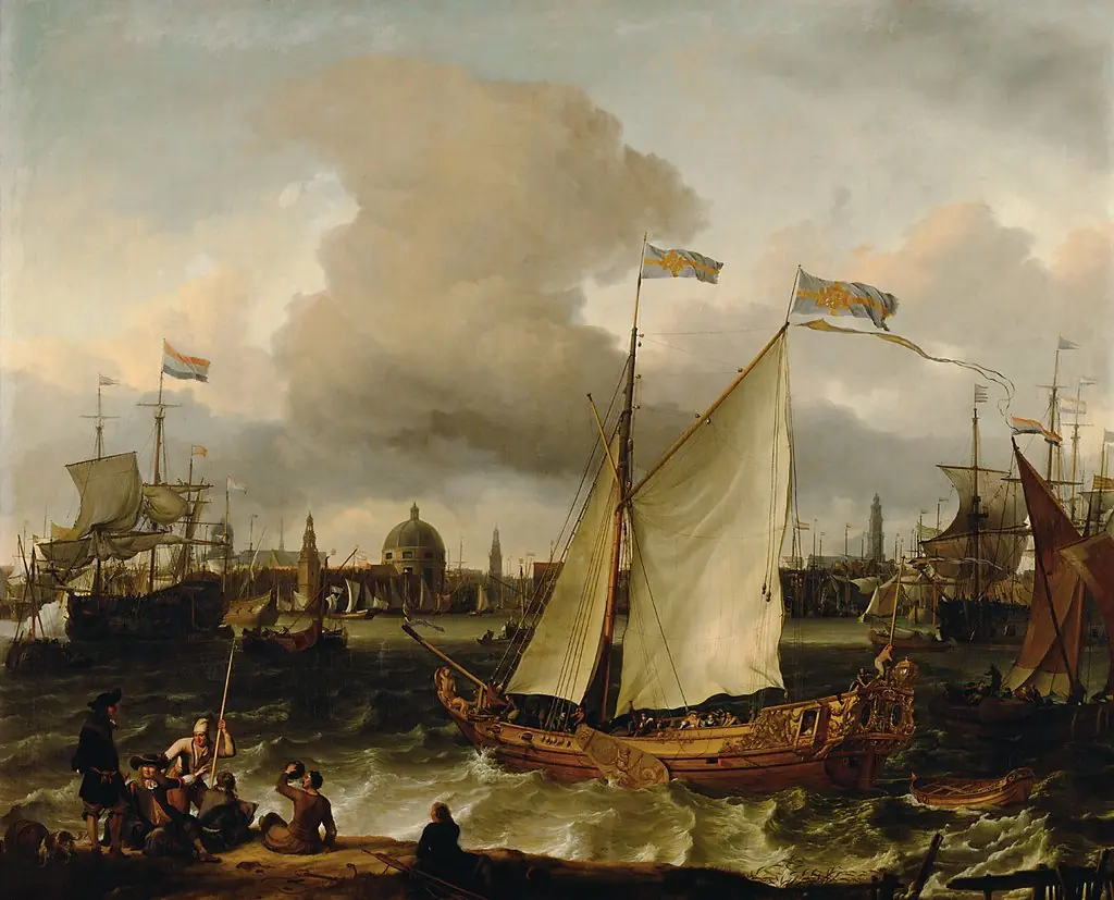 View of the Amsterdam Port with the Swedish Ship 'Lejonet'; the Lutheran Church beyond