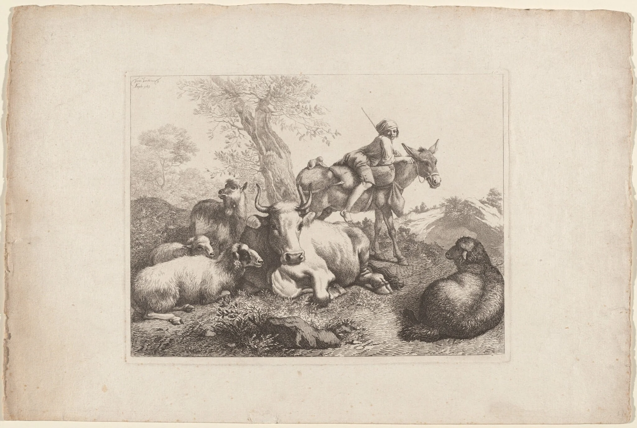 Boy on a Donkey Watching over a Group of Animals, by Francesco Londonio, ink, 1763