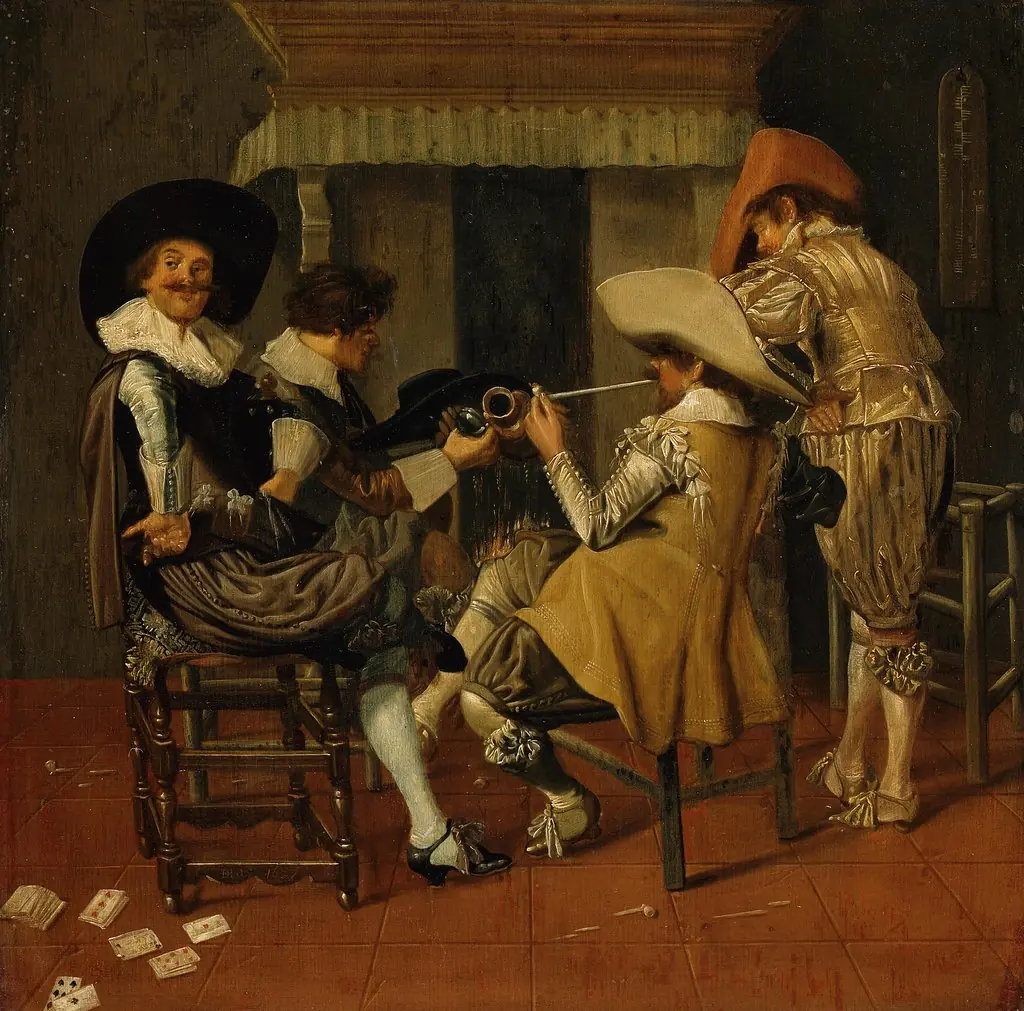 Company of smoking and drinking men in an interior
