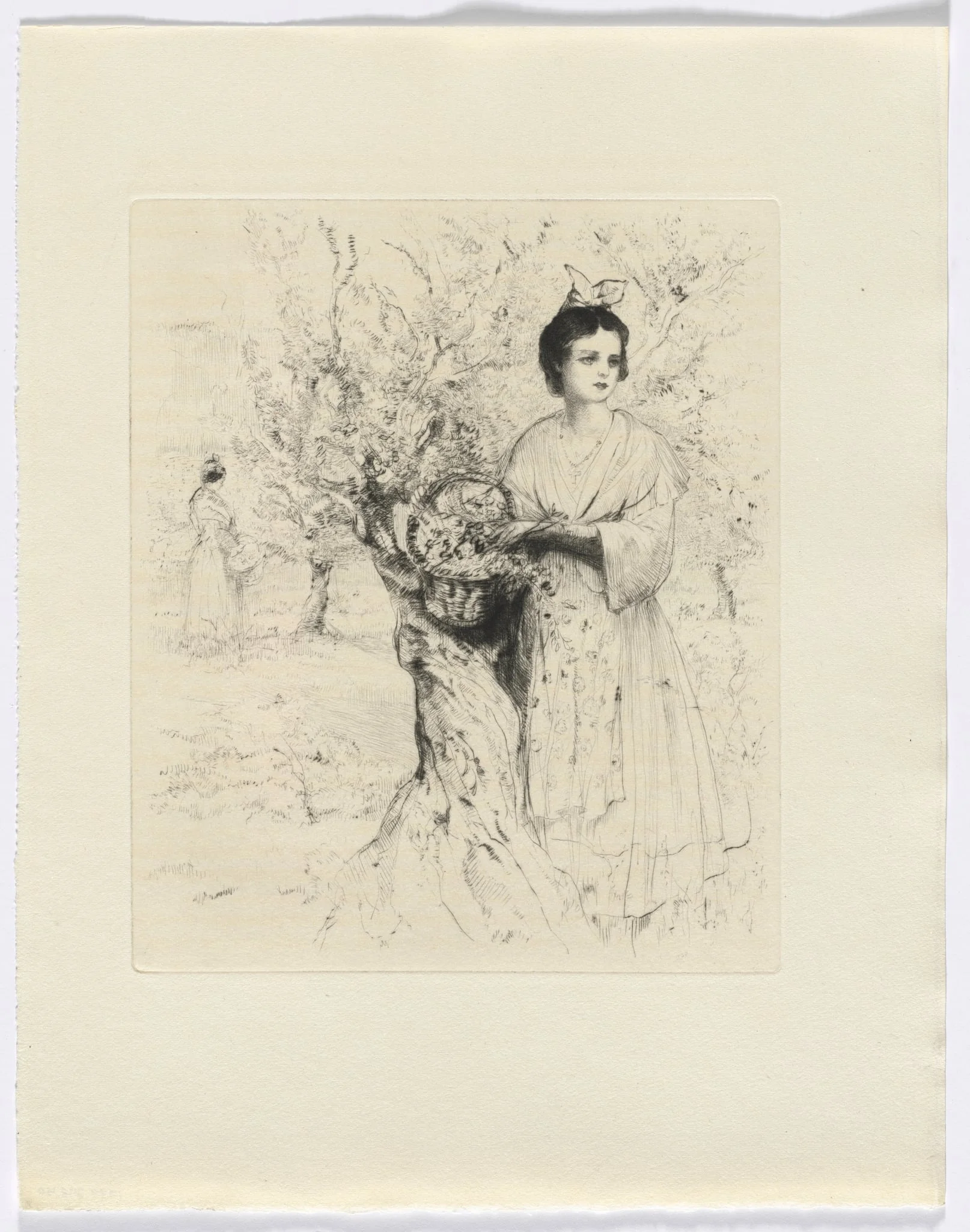 Frédéric Mistral: Mémoires et Recits by Frédéric Mistral: woman outside with a basket of flowers (insert after p. 192), by Auguste Brouet, 1937