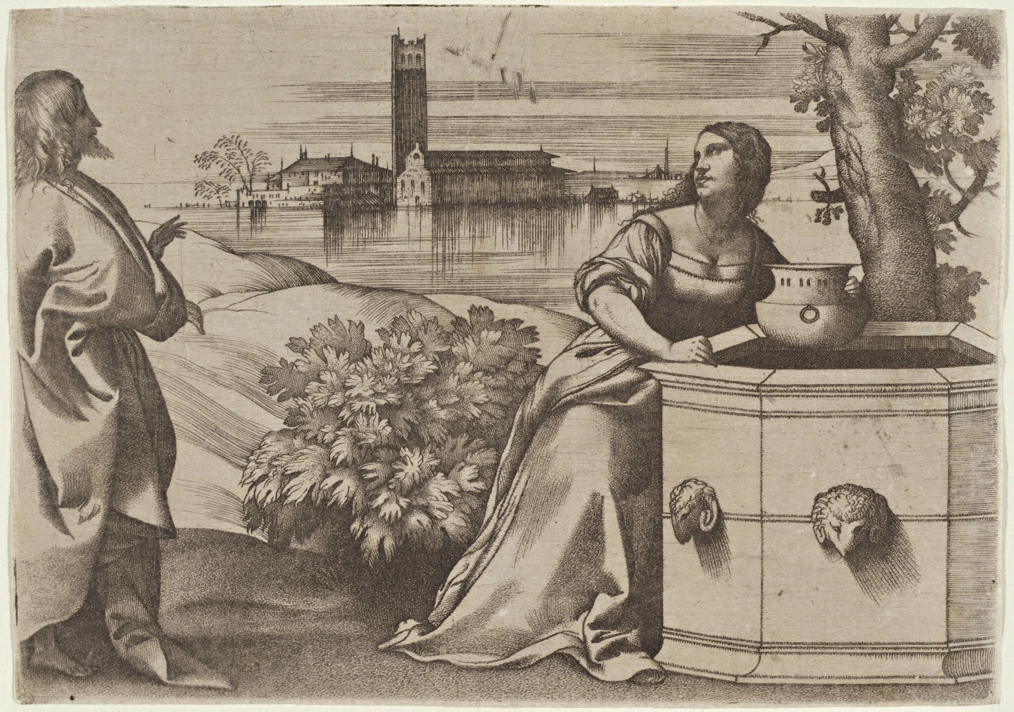 Christ and the Samaritan Woman, by Giulio Campagnola, ink, 1510