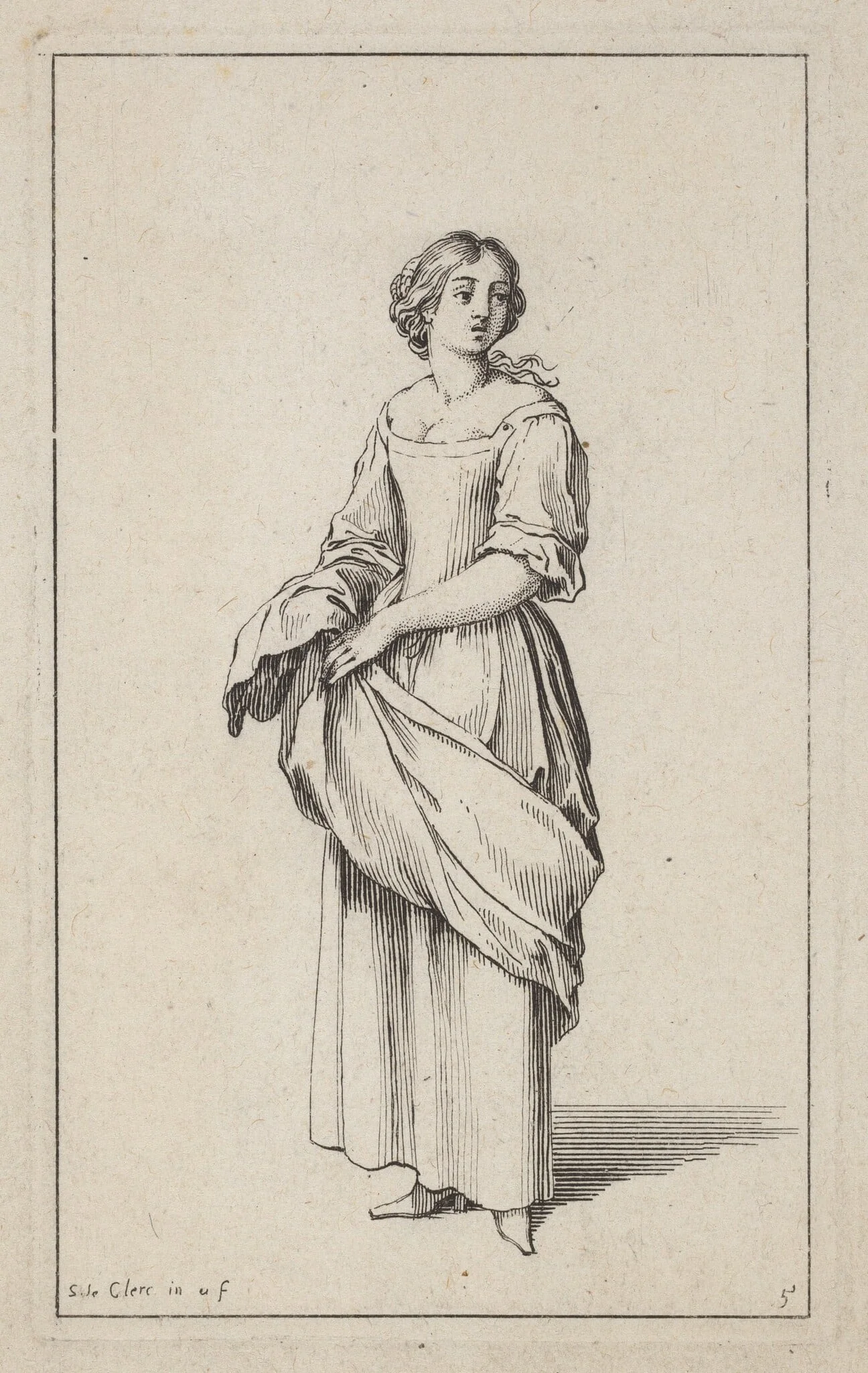 Standing Young Peasant Woman, by Sébastien Le Clerc I, ink, 1685