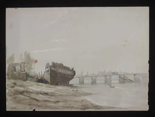 Watercolour drawing by the Grieve family, showing Battersea Bridge