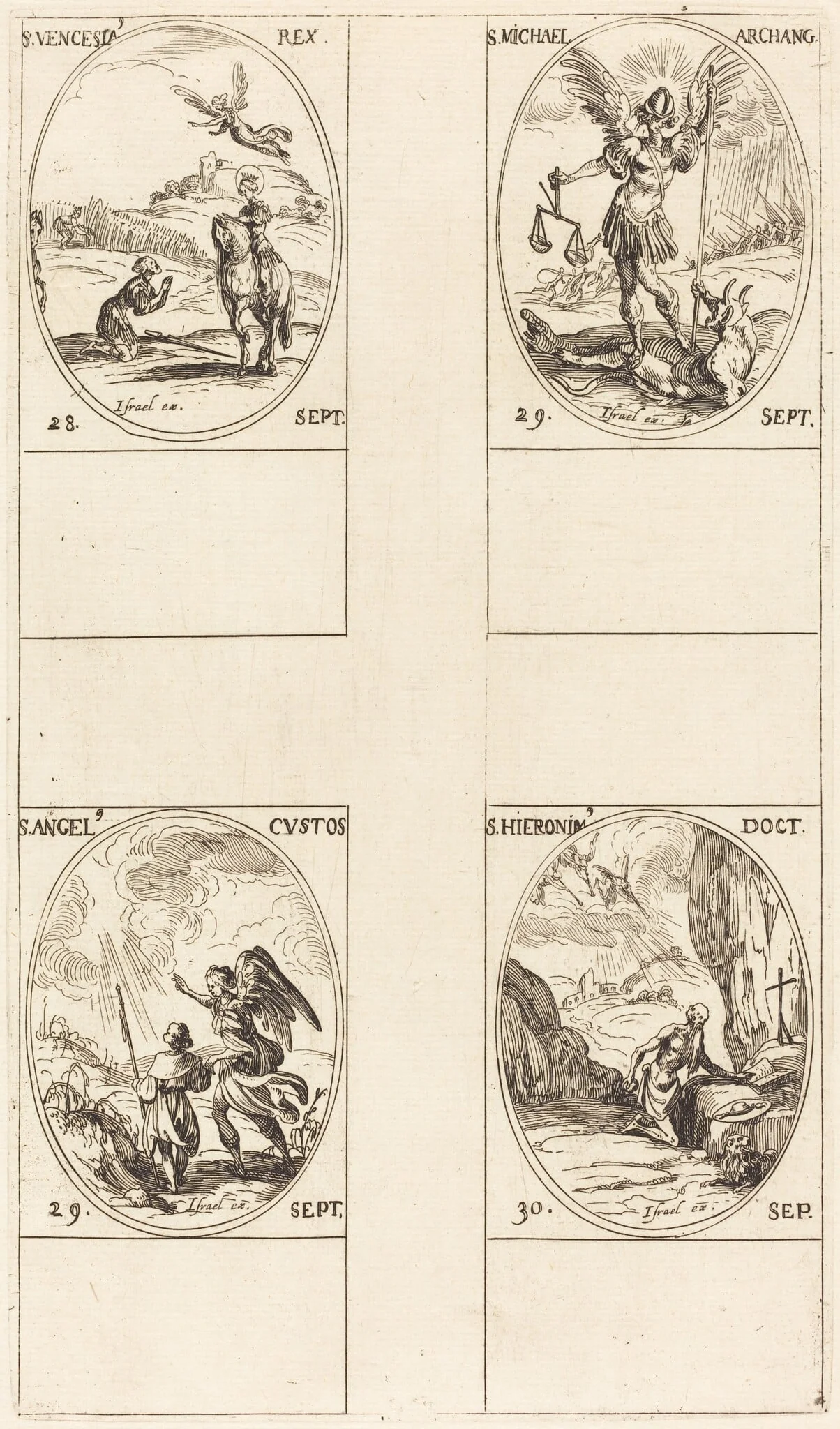St. Wenceslas; St. Michael, Archangel; The Guardian Angel; St. Jerome, by Jacques Callot, ink, 1634