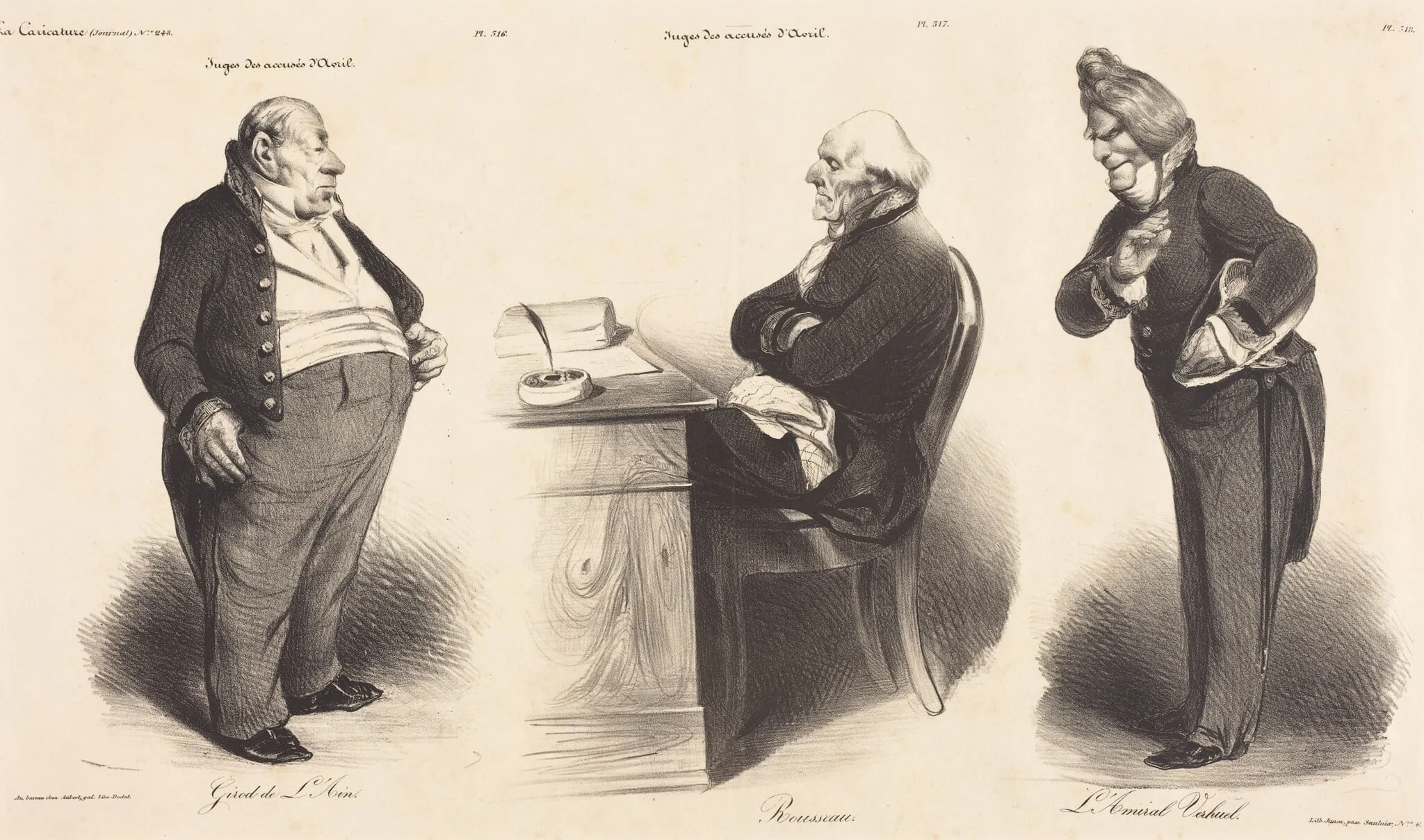 Girod de l'Ain - J.-Joseph Rousseau - Amiral Verhuel, by Honoré Daumier, ink, 1835