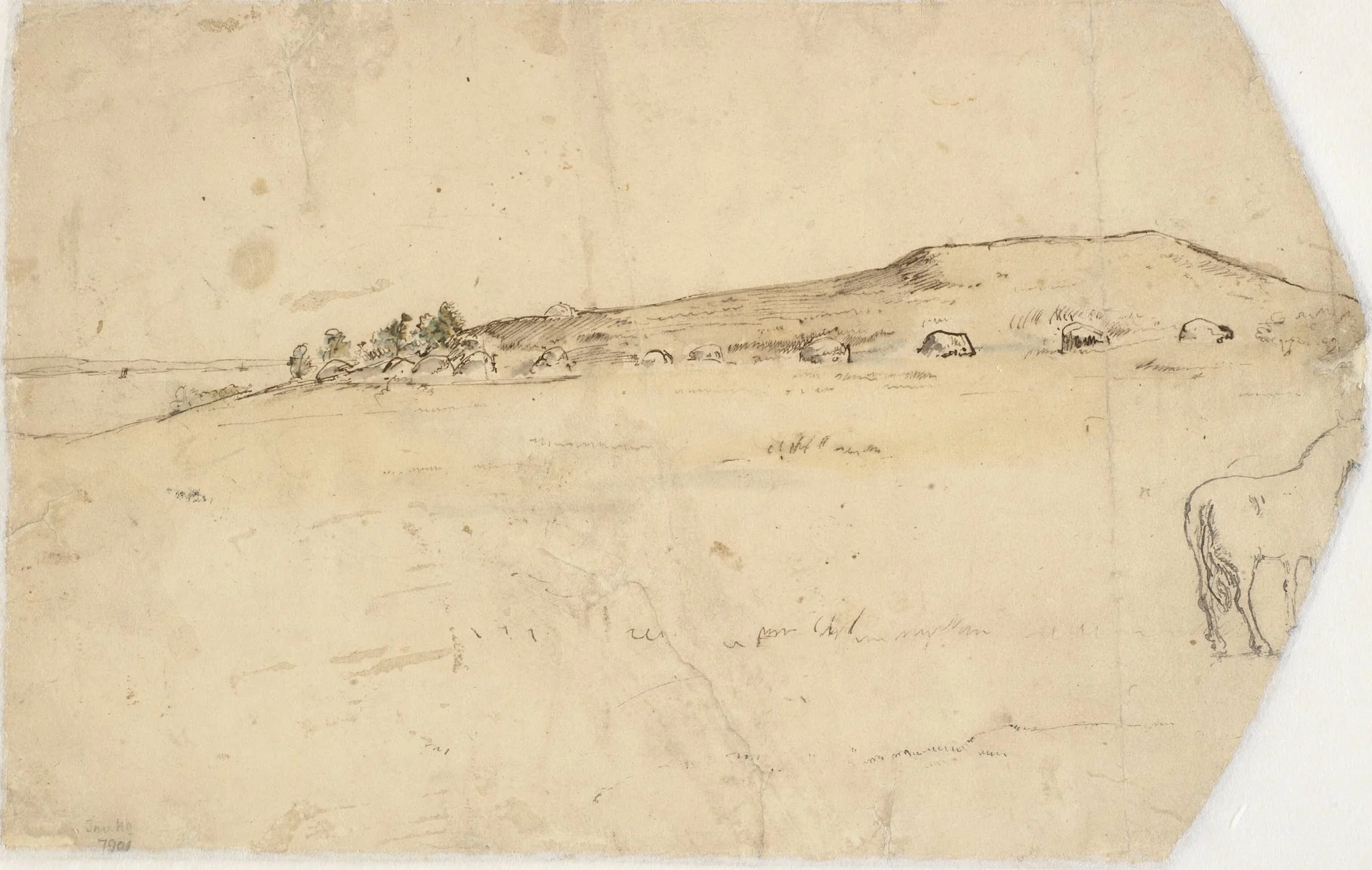 Landskab (fra Brandsø?) med kæmpehøje, by Unknown, unspecified, 1850