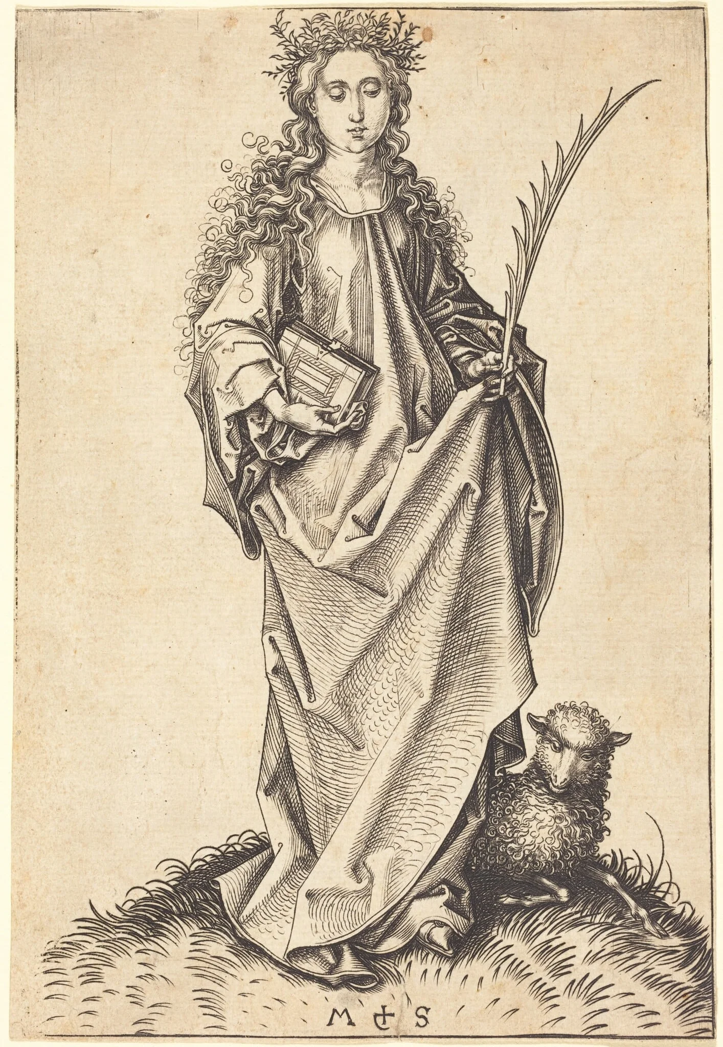 Saint Agnes, by Martin Schongauer, ink, 1475
