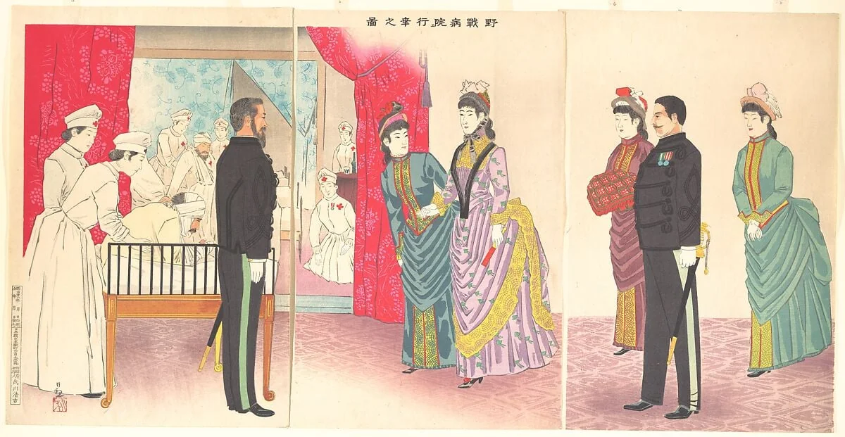 野戦病院行幸之図|Illustration of the Empress Visiting a Field Hospital [in Hiroshima] (Yasen byōin gyōkō no zu), by Kobayashi Kiyochika, ink, 1895