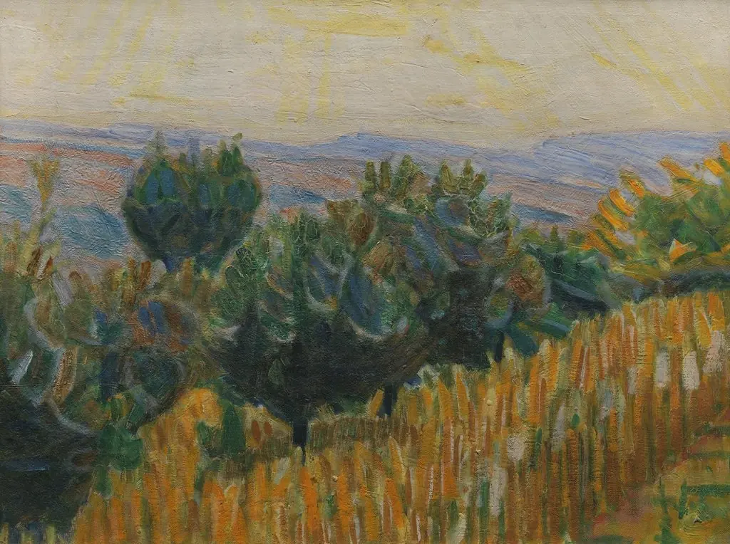 The Vine against the Light. A wheat field in the foreground. Villa Linda, Florence