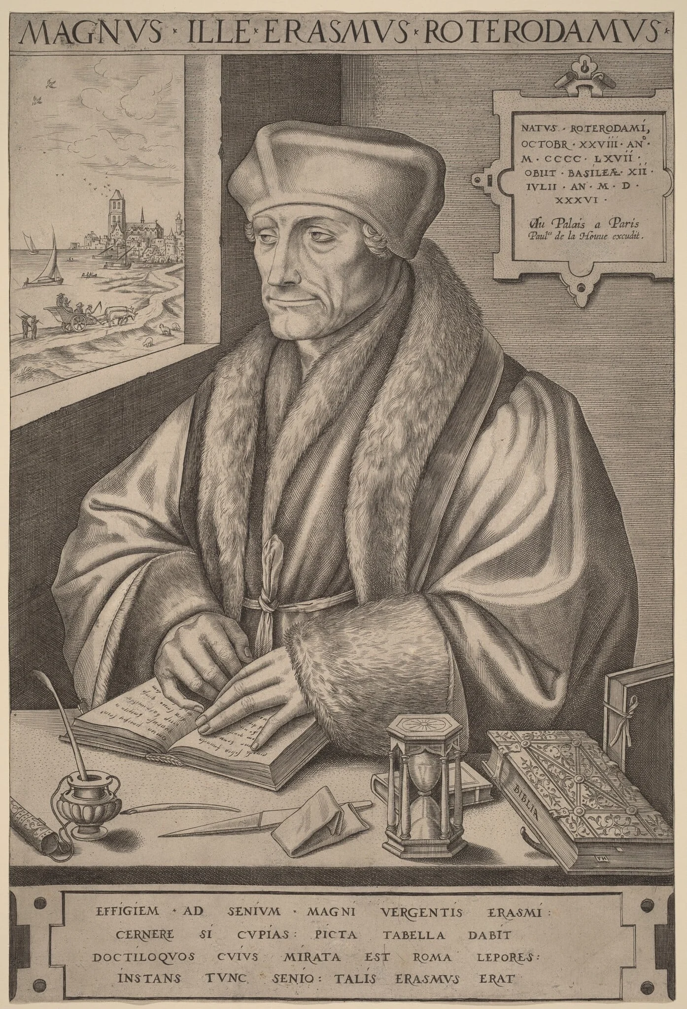 Erasmus of Rotterdam, by Frans Huys, ink, 1555