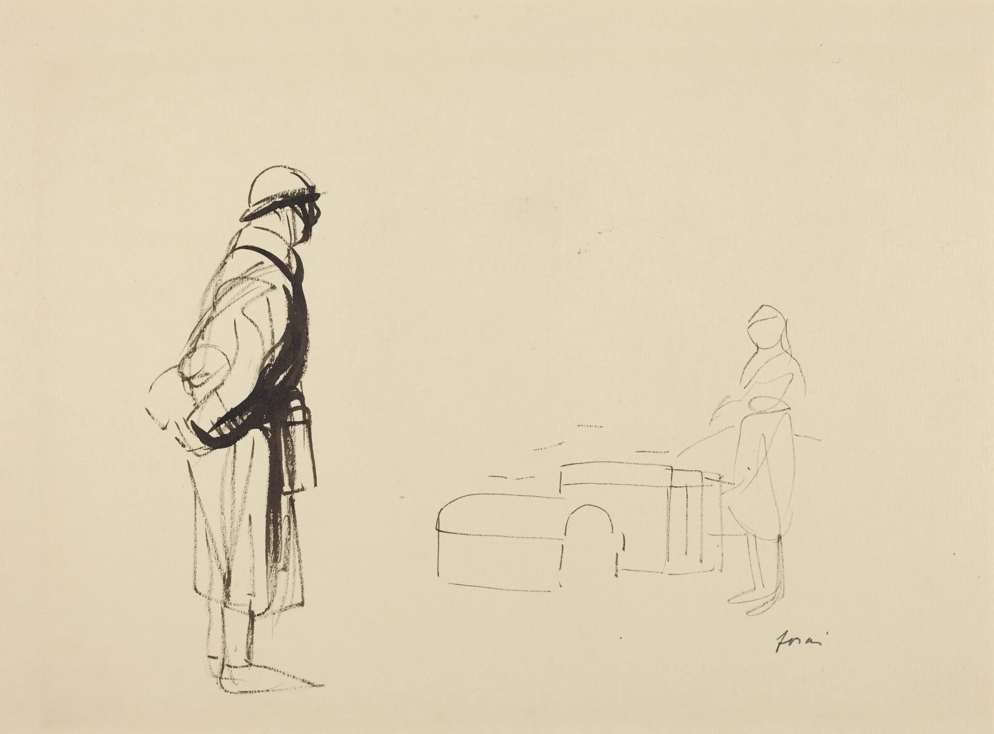 a) Poilu and Nurse (recto); b) Sketch for the Poilu (verso), by Jean-Louis Forain, ink, 1916