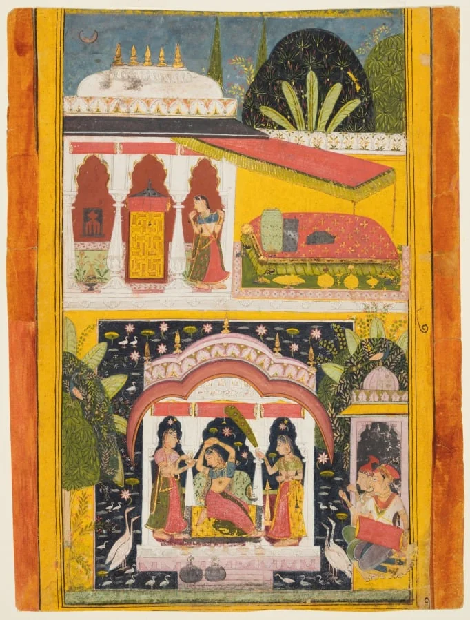 A Royal Woman in a Pavilion: Desavarari Ragini of Dipak, from a Ragamala, by Unknown, unspecified, 1695