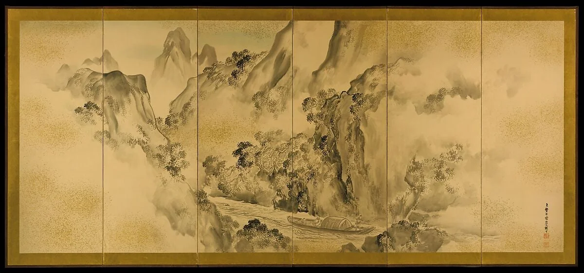 塩川文麟筆 登峨眉山図屏風|The Poet Li Bo's Visit to Mount Emei, by Shiokawa Bunrin, ink, 1875