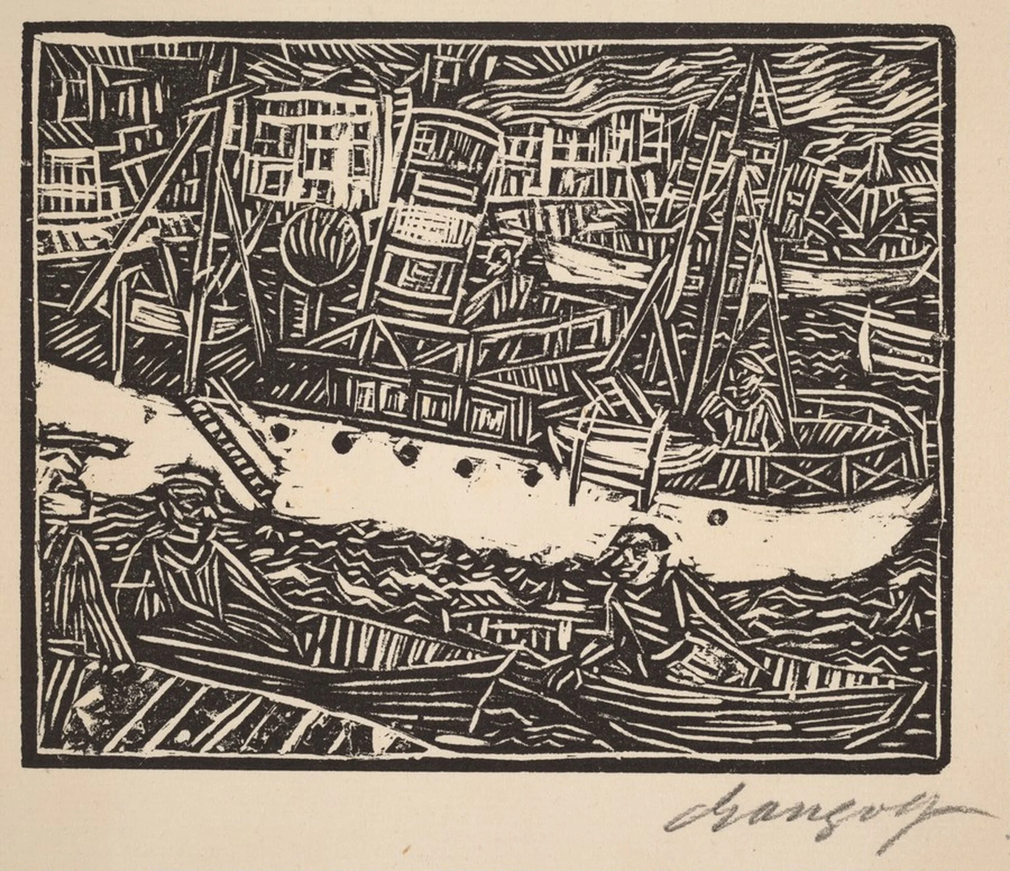 Marseille, Steamship in the Harbor (Marseille, Dampfer im Hafen), by Paul Gangolf, ink, 1900