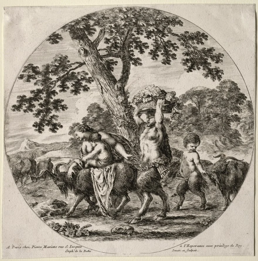 A Satyr Family Traveling, by Stefano Della Bella, 1657