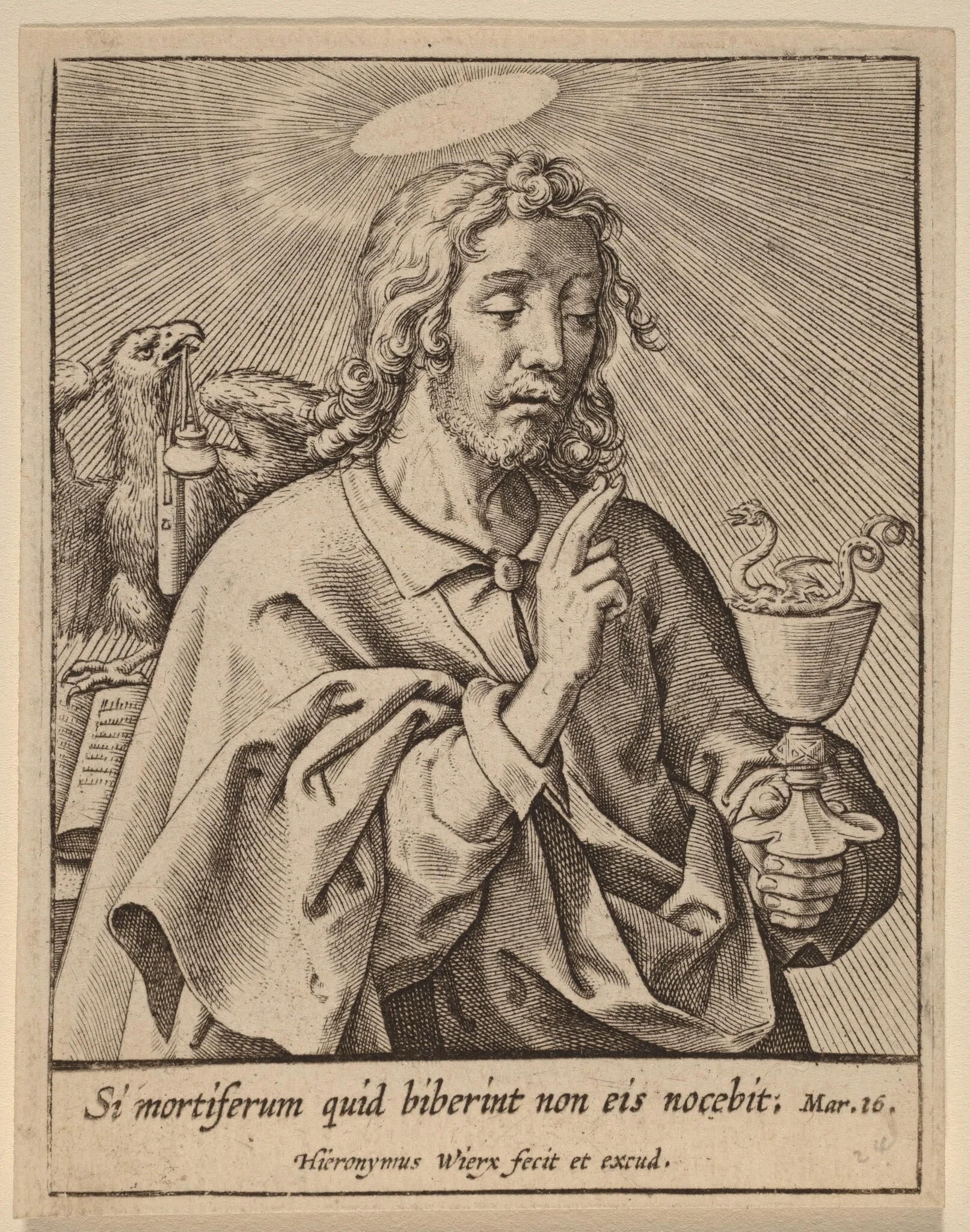 Si mortiferum quid biberint ... (Saint John the Evangelist), by Hieronymus Wierix, ink, 1586