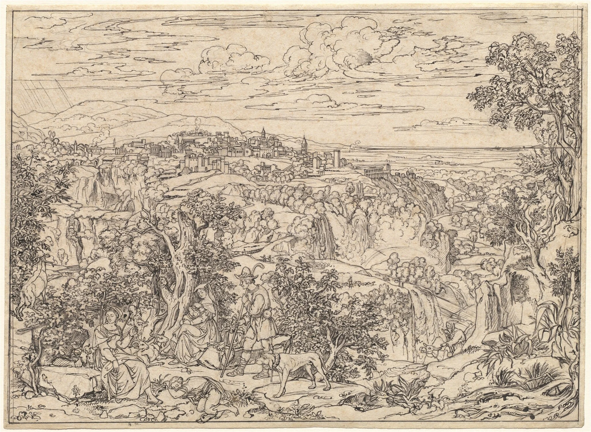 Tivoli and the Waterfalls with Shepherd Families, by Joseph Anton Koch, ink, 1821