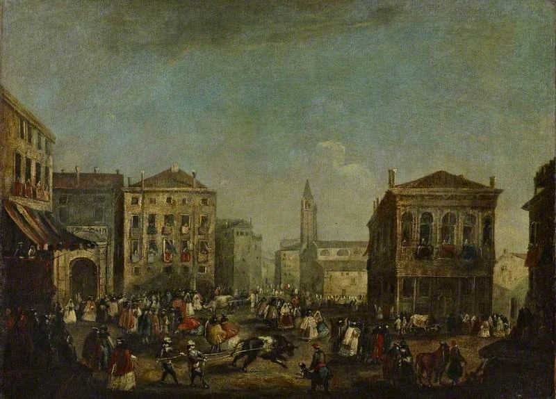 Bull-Baiting in the Campo Santo Stefano during the Venetian Carnival, by Unknown, oil, 1750