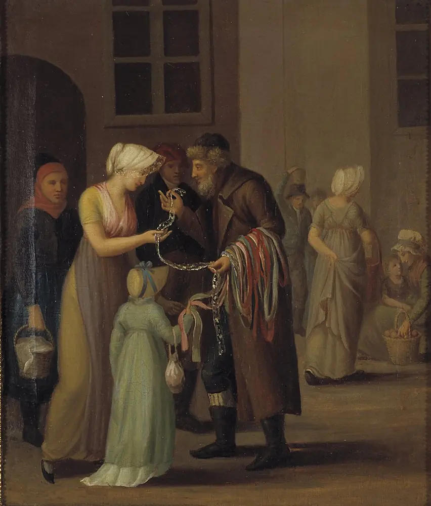 Gadescene i København ved år 1800. Piskebåndsjøden sælger en knipling til en ung pige