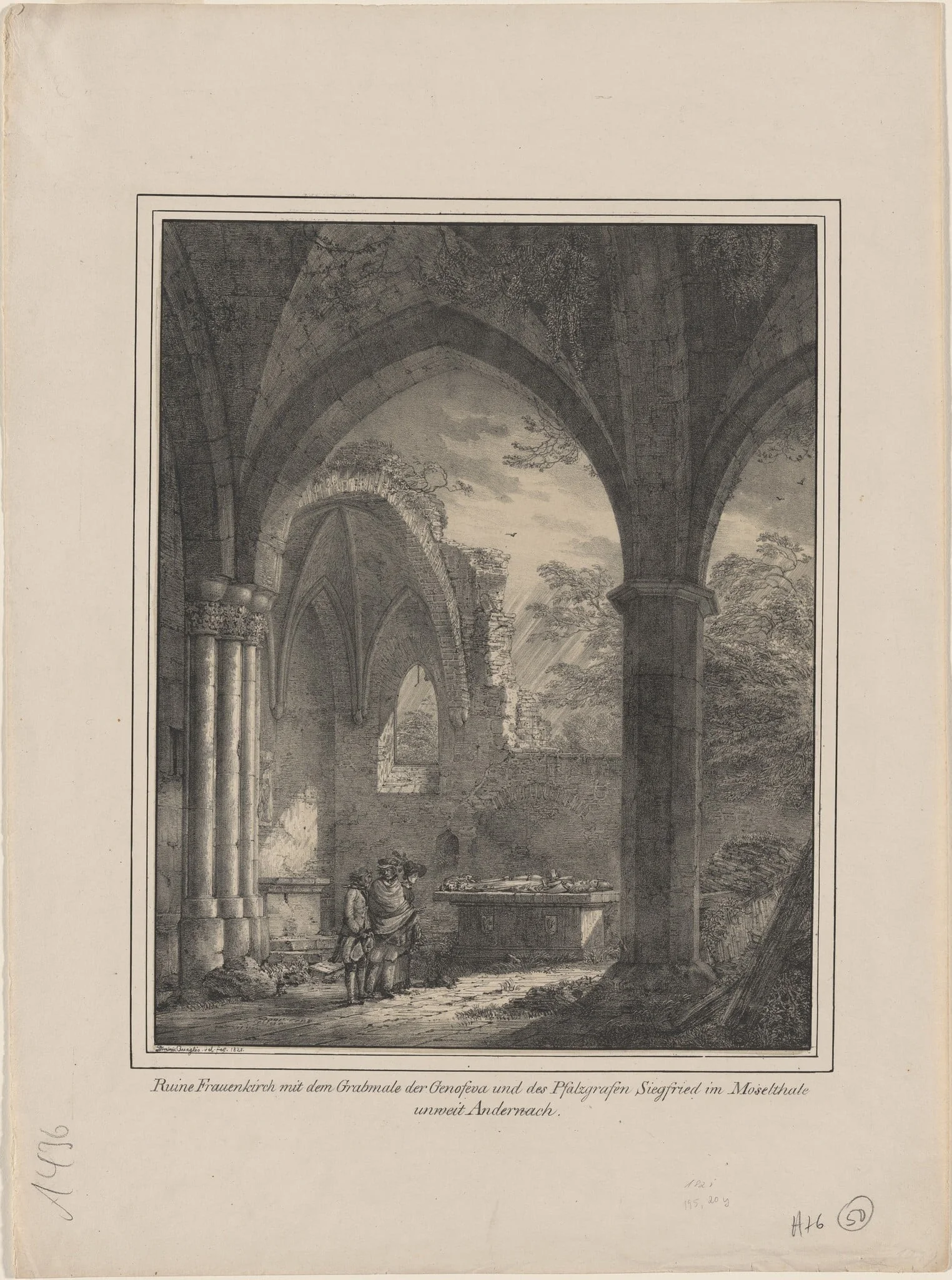 Ruine Frauenkirch mit dem Grabmale der Genoveva und des Pfalzgrafen Siegfried (Ruins of the Church of Our Lady with the Tombs of Genevieve and Count Siegfried), by Domenico Quaglio, ink, 1821