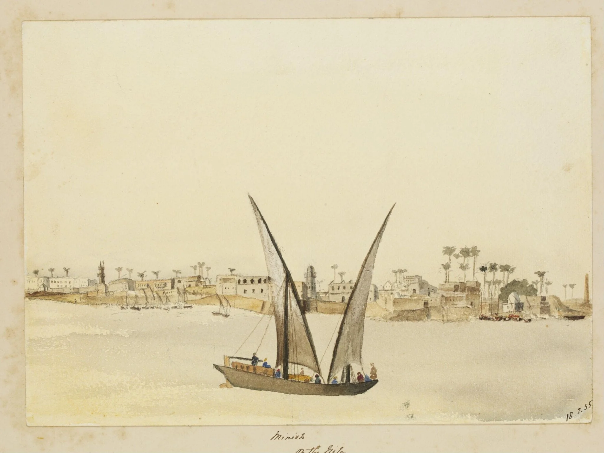 `Minieh  On the Nile', by George de Sausmarez, watercolor, 1855