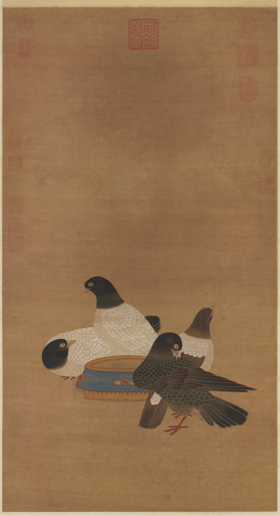 明宣宗畫金盆鵓鴿　軸, by Xuande Emperor, unspecified, 1450