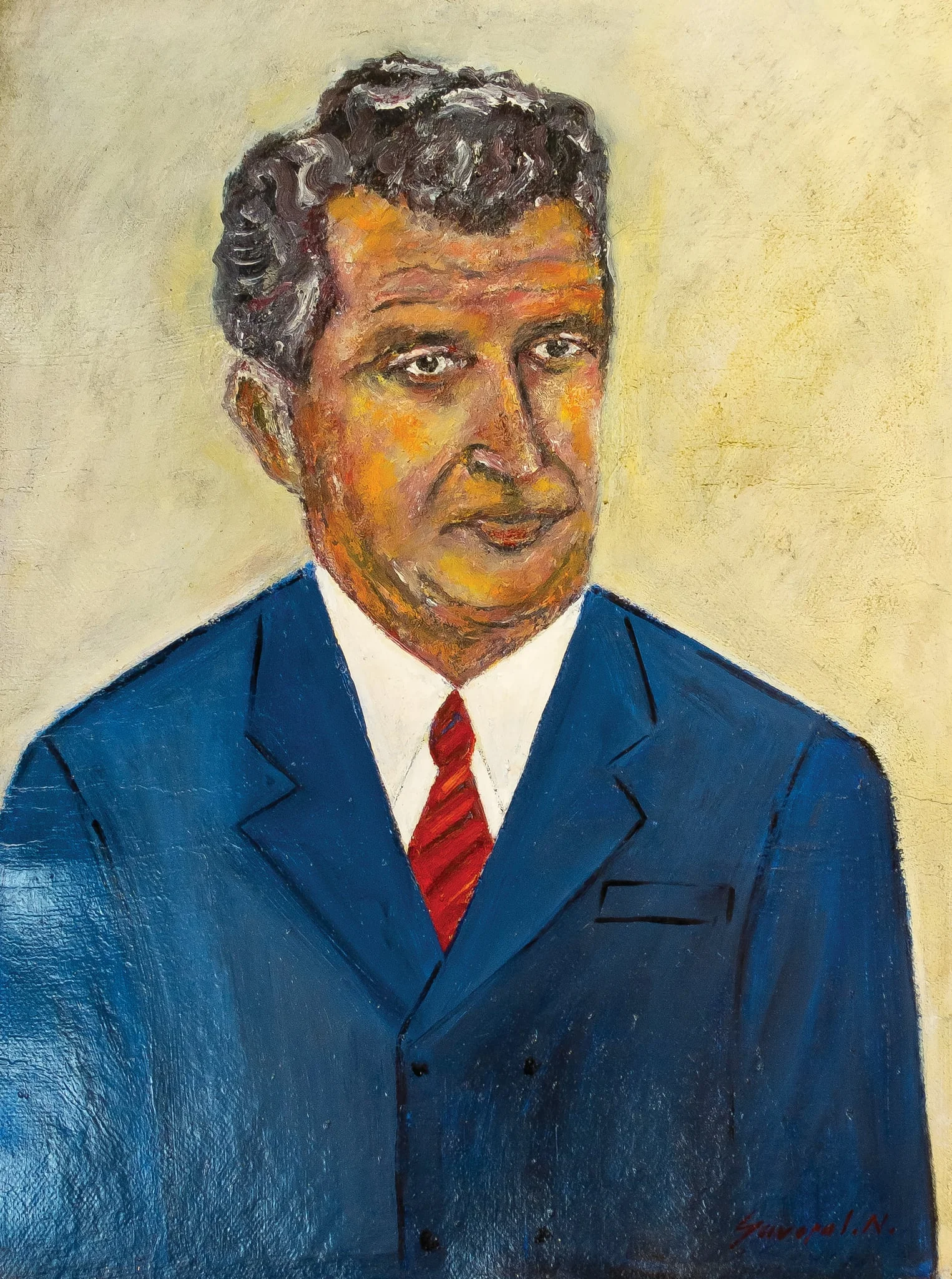 Tablou, ulei pe carton,”Nicolae Ceaușescu”, semnat în pertea dreaptă jos Savopol N., nedatat. Oferit cadou de autor, Nicola Savopol, lui Nicolae Ceaușescu cu ocazia zilei de naștere, București., by Nicola Savopol
