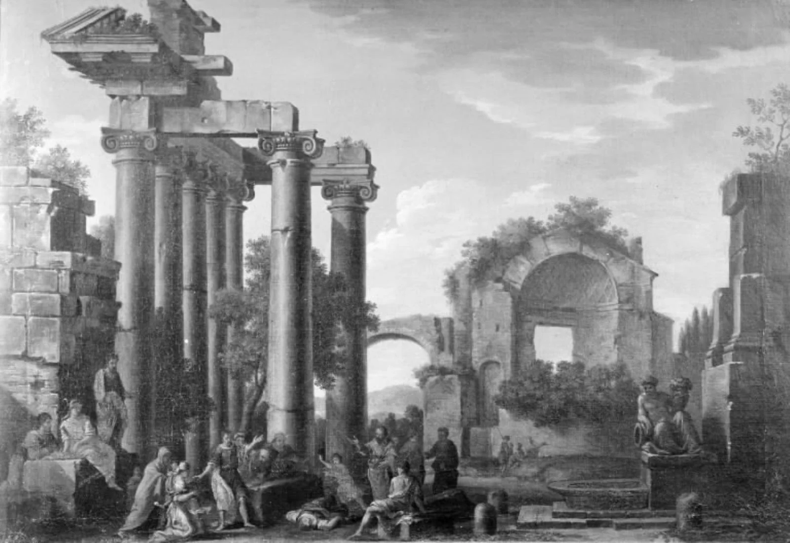 Ruiner af et græsk-romersk tempel med mange figurer, by Unknown, oil