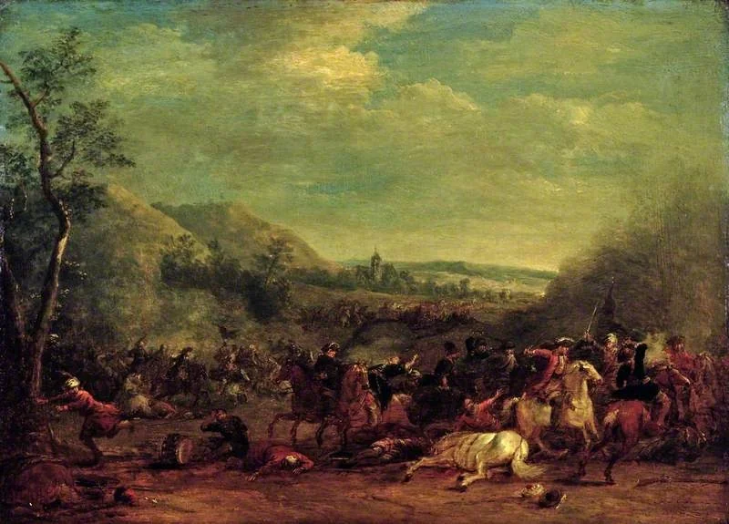 Cavalry Engagement against the Turks, with a Church in the Background, by Jan Pieter van Bredael, oil, 1710