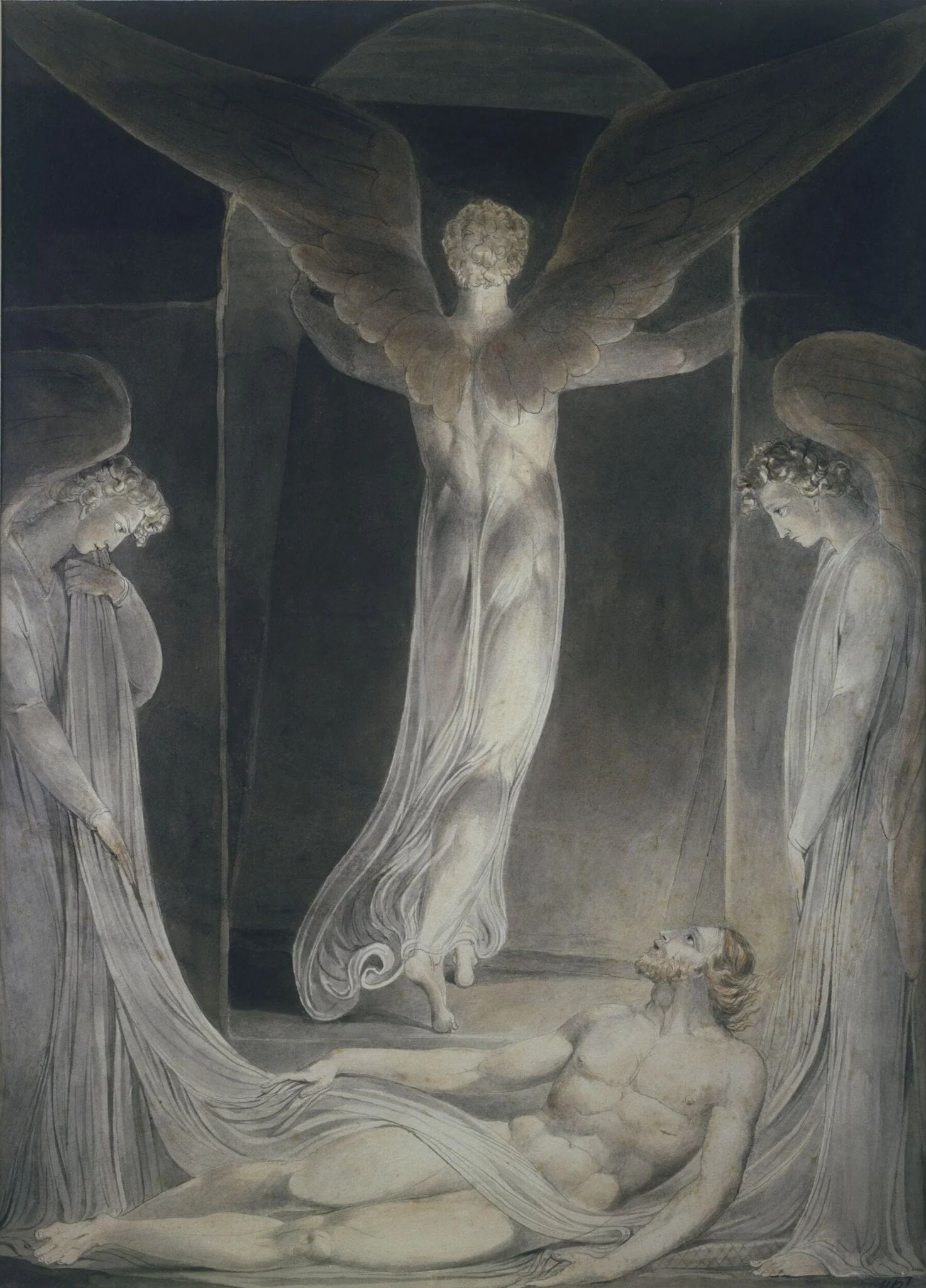 The Resurrection: The angel rolling away the stone from the sepulchre, by William Blake, watercolor, 1808