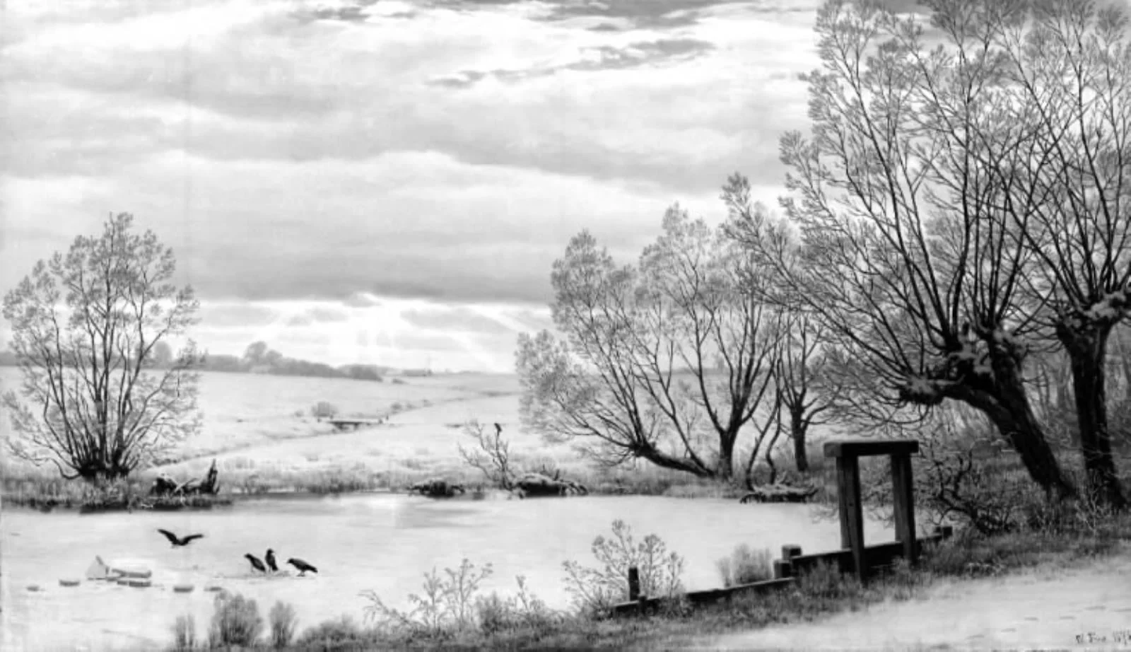 Ved en mølledam. Vinter, by Unknown, 1875